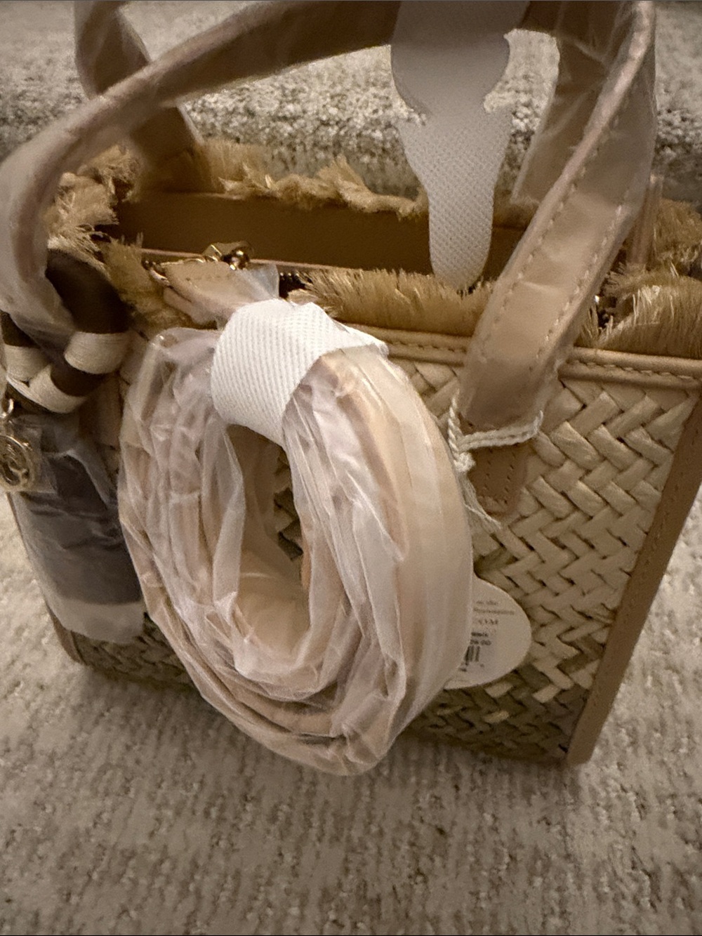 Spartina 449 Natural & Olive Green Straw Tote with Tan Trim and Fringe - Picture 5 of 5